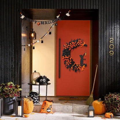 Halloween Decor, 2026 New Spooky Halloween Wreath with Lights, Black Cat Crescent Moon Design, Indoor Outdoor Front Door Wall Decor for Halloween Party