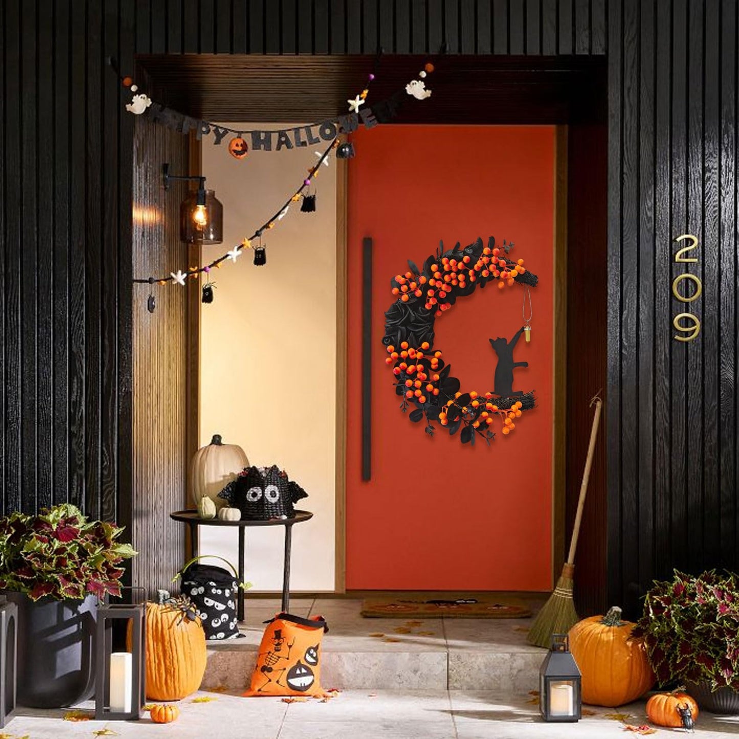 Halloween Decor, 2026 New Spooky Halloween Wreath with Lights, Black Cat Crescent Moon Design, Indoor Outdoor Front Door Wall Decor for Halloween Party