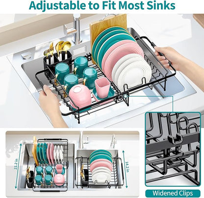 Urackify Expandable Stainless Steel in Sink Dish Drying Rack - Adjustable Dish Rack Over Sink, Rustproof Dish Drainer for Kitchen Counter, Dish Strainer with Utensil Holder, Fit Sink for 13"-18"