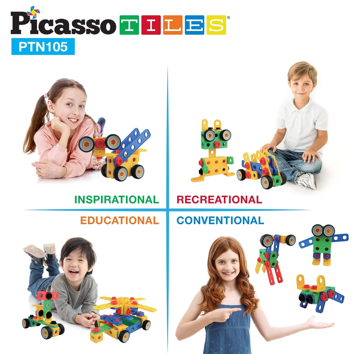 PicassoTiles STEM Learning Toys 105 Piece Building Block Set Kids Construction Engineering Kit Toy Blocks Children Early Education Playset w/IdeaBook, Power Drill, Clickable Ratchet, Age 3+ PTN105