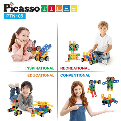 PicassoTiles STEM Learning Toys 105 Piece Building Block Set Kids Construction Engineering Kit Toy Blocks Children Early Education Playset w/IdeaBook, Power Drill, Clickable Ratchet, Age 3+ PTN105