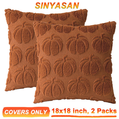 SINYASAN Burnt Orange Fall Pumpkin Decorative Throw Pillow Covers Set of 2, 18x18 Inch Soft Plush 3D Embroidered Halloween Pillow Covers for Fall Decorations Farmhouse Cushion Covers for Thanksgiving