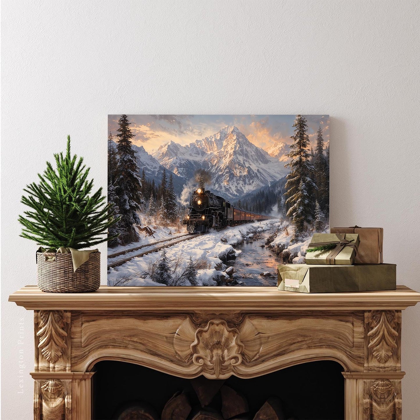 XWNLTEPK Winter Train Scenery Canvas Print Poster Wall Art Wall Decoration Winter Atmosphere Poster Suitable for Living Room Bedroom Farmhouse Home Decor Christmas Snow Mountain Pine Tree