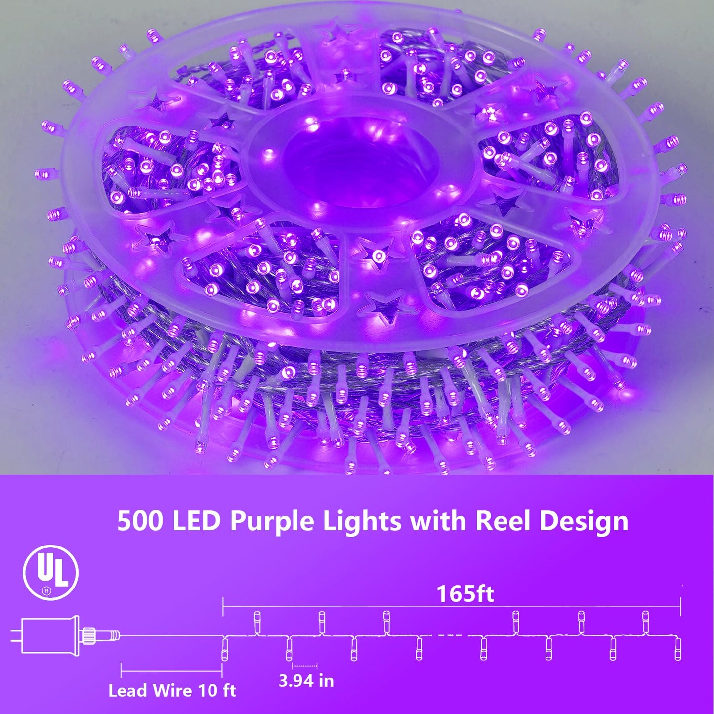 YEGUO 165ft 500 LED Christmas Lights Outdoor Waterproof, Purple String Lights Indoor Plug in, 8 Modes Clear Wire Purple Lights for Halloween Holiday Home Tree Garden Patio Decor