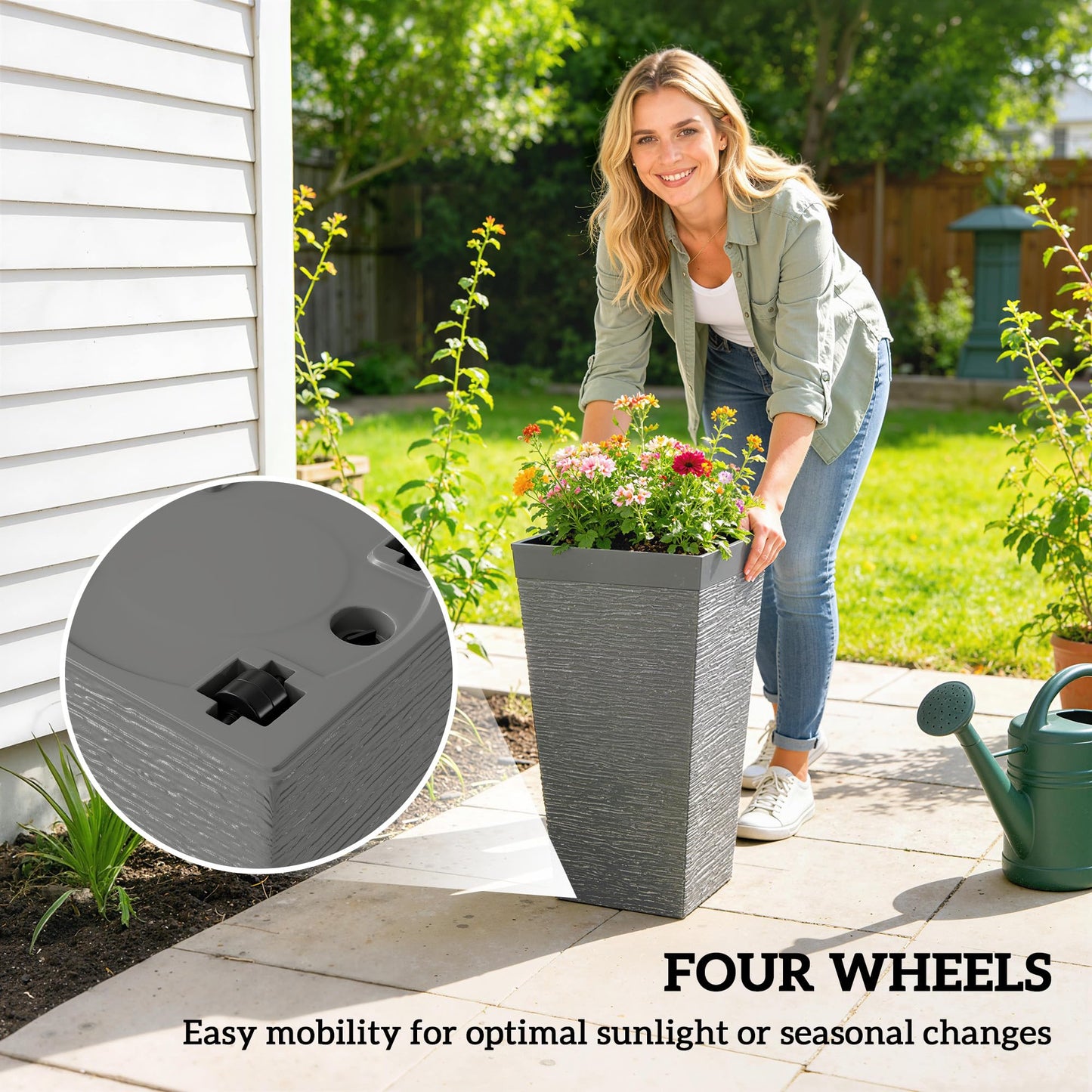 Outsunny 22.8 Inch Tall Planters for Outdoor Plants, Set of 3 Plastic Flower Pots with Stone Finish and Wheels, Stackable Tapered Planters with Drainage Hole for Indoor Plants, Front Porch, Gray
