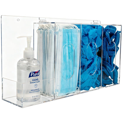 SEANADO Hand Sanitizer and Glove Holder Dispenser with Lid, Clear Acrylic 4 Compartments Hygiene Station for Disposable Face Mask, Shoe Cover, Hairnets - Wall Mount or Tabletop