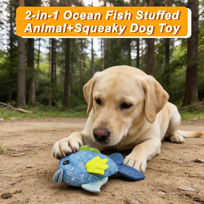 10.63" Recycled Canvas Fish Squeaky Dog Toy, Durable Stuffed Chew Toy for Puppy Teething, Interactive Play for Small Medium Large Dogs, Blue