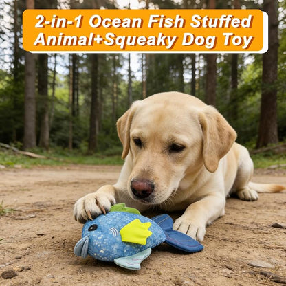10.63" Recycled Canvas Fish Squeaky Dog Toy, Durable Stuffed Chew Toy for Puppy Teething, Interactive Play for Small Medium Large Dogs, Blue