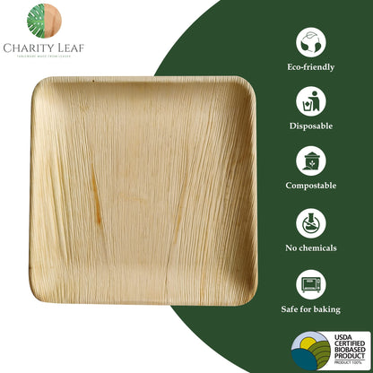 Charity Leaf Disposable Palm Leaf 11" Square Plates (25 pieces) Bamboo Like Serving Platters, Disposable Boards, Eco-Friendly Dinnerware For Weddings, Catering, Events