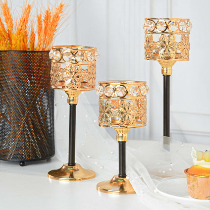 Kehail Set of 12 Floral-Carved Crystal & Metal Tealight Candelabras Bulk- Elegant Gold & Black Wedding Centerpiece, Dining Table Decor, Votive Candle Holders