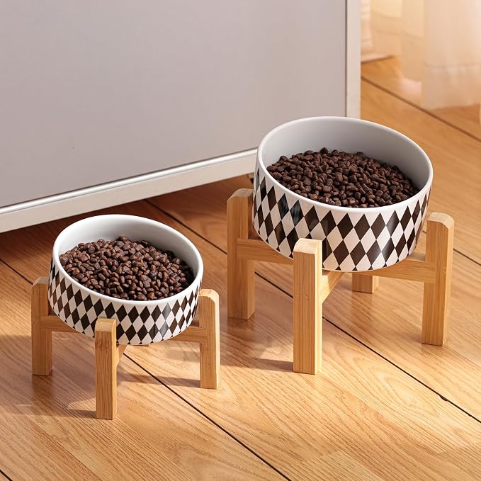 Elevated/Raised 15°Tilted Anti Slip Ceramic Dog Bowl for Small/Medium Breeds,Slanted Bulldog Big Face Pet Food Water Feeding Dish with Stand for Cats and Dogs (3.6 Cups/28 OZ) Black Chestnut