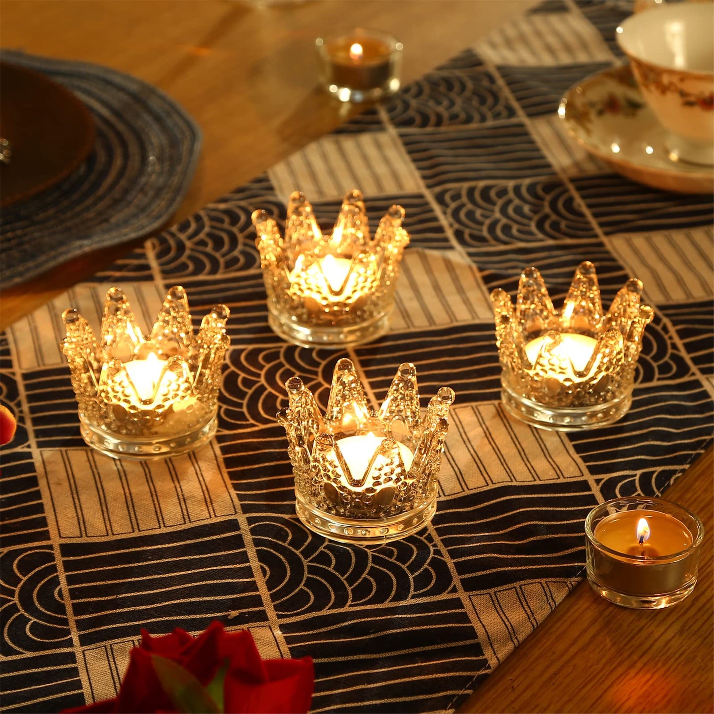 GOLDEAL 12 Pcs Crown Tealight Candle Holders,Votive Candle Holders，Clear Glass,IdealHolder for Wedding Centerpieces,Party,Dinner, Christmas Decorations