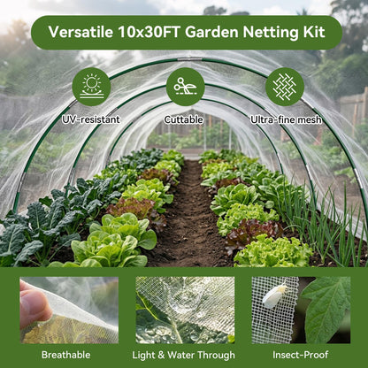 Garden Netting Kit for Raised Beds, 10x30FT Ultra Fine Mesh Netting＆ 6 Sets of 8FT Fiberglass Garden Hoops, Row Cover Insect Netting for Vegetable Plant Fruit Flowers Protection