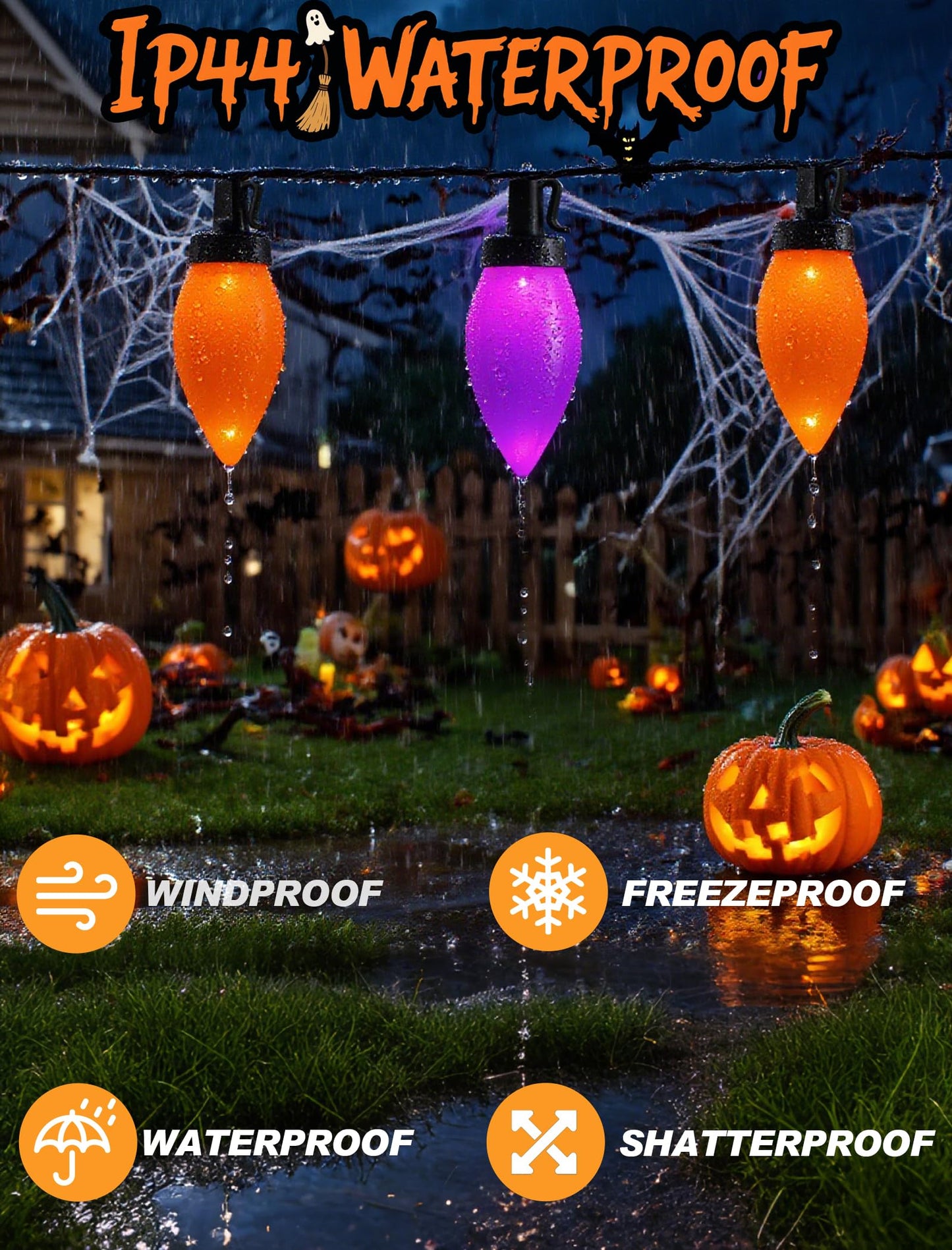 C9 Halloween String Lights Outdoor, 26.4Ft C9 Halloween Decorations with 50 LED Orange and Purple Lights, Extendable Hanging Plug in Christmas Night Lights for Party, Patio, Outside Yard, House Decor