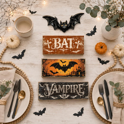 4 Pcs Halloween Table Decorations Bat Tiered Tray Decor Farmhouse Rustic Wooden Block Signs with Vampire & Jack-o'-Lantern Halloween Tabletop Centerpiece for Home Kitchen Shelf Mantel Office Desk