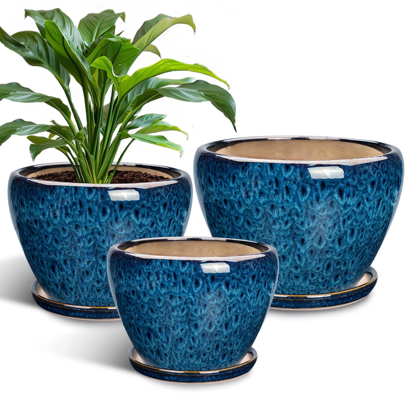 EPFamily Ceramic Plant Pots Indoor, 10 Inch 8 Inch 6 Inch Round Planters Pots for Indoor Outdoor Plants, Modern Large Flower Pots with Drainage Holes and Saucers, Set of 3, Blue