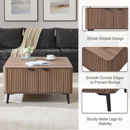 Fatmok Large Lift Top Coffee Table with Hidden Compartment, 35.4" Wide Oversized Square Coffee Table with Storage, Mid Century Modern Fluted Center Table for Home Living Room, Brown