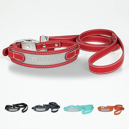 MagEase Dog Collar with 4FT Leash | Adjustable | Anti-Wrinkle, Bite & Stain-Resistant Leather | Soft & Skin-Friendly | 450LB Escape-Proof Magnetic Buckle (Red, Large)