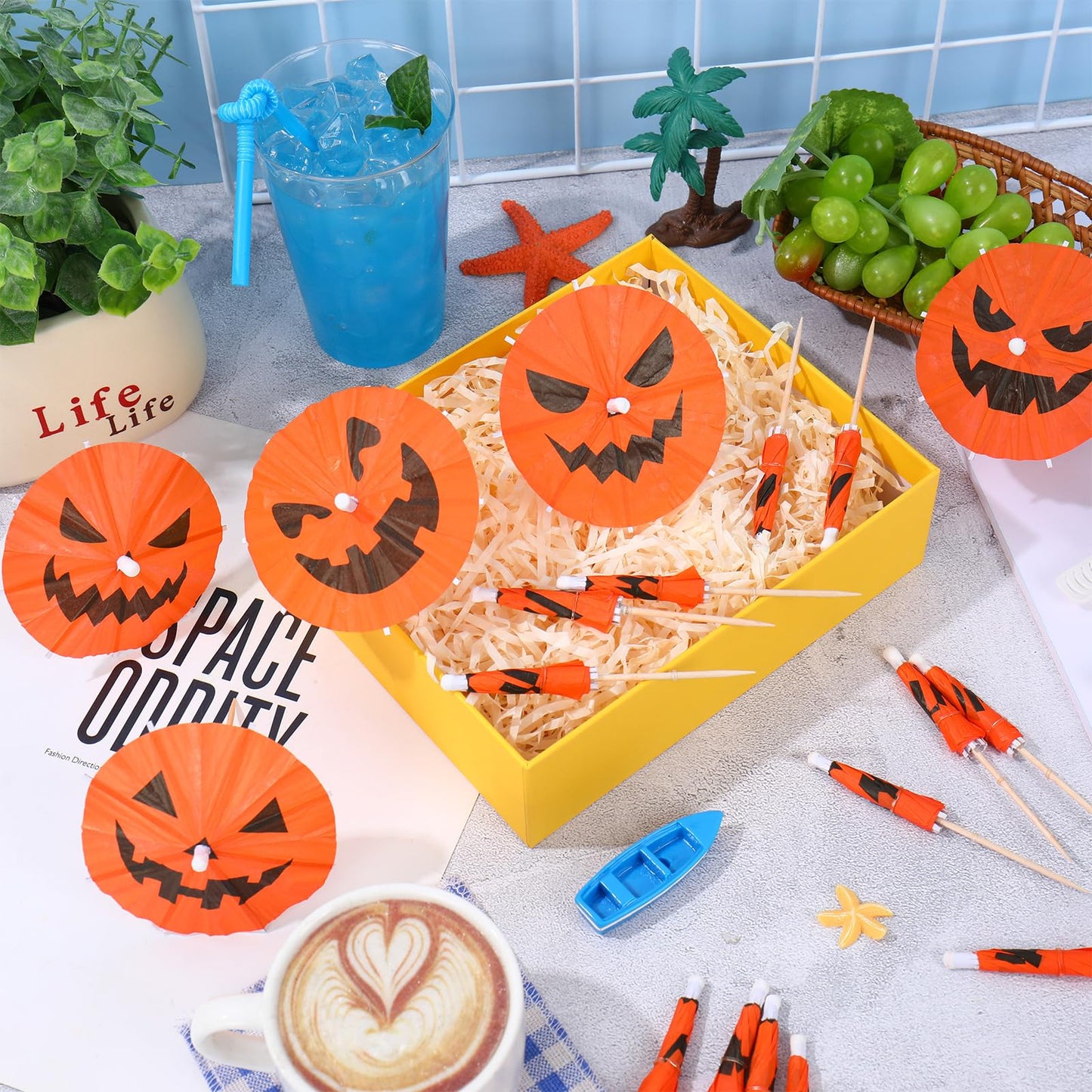 Whaline 120 Pcs Summer Halloween Cocktail Umbrella Drink Picks Orange Black Pumpkin Drink Umbrellas for Beverage Fruit Cupcake Topper Decorations