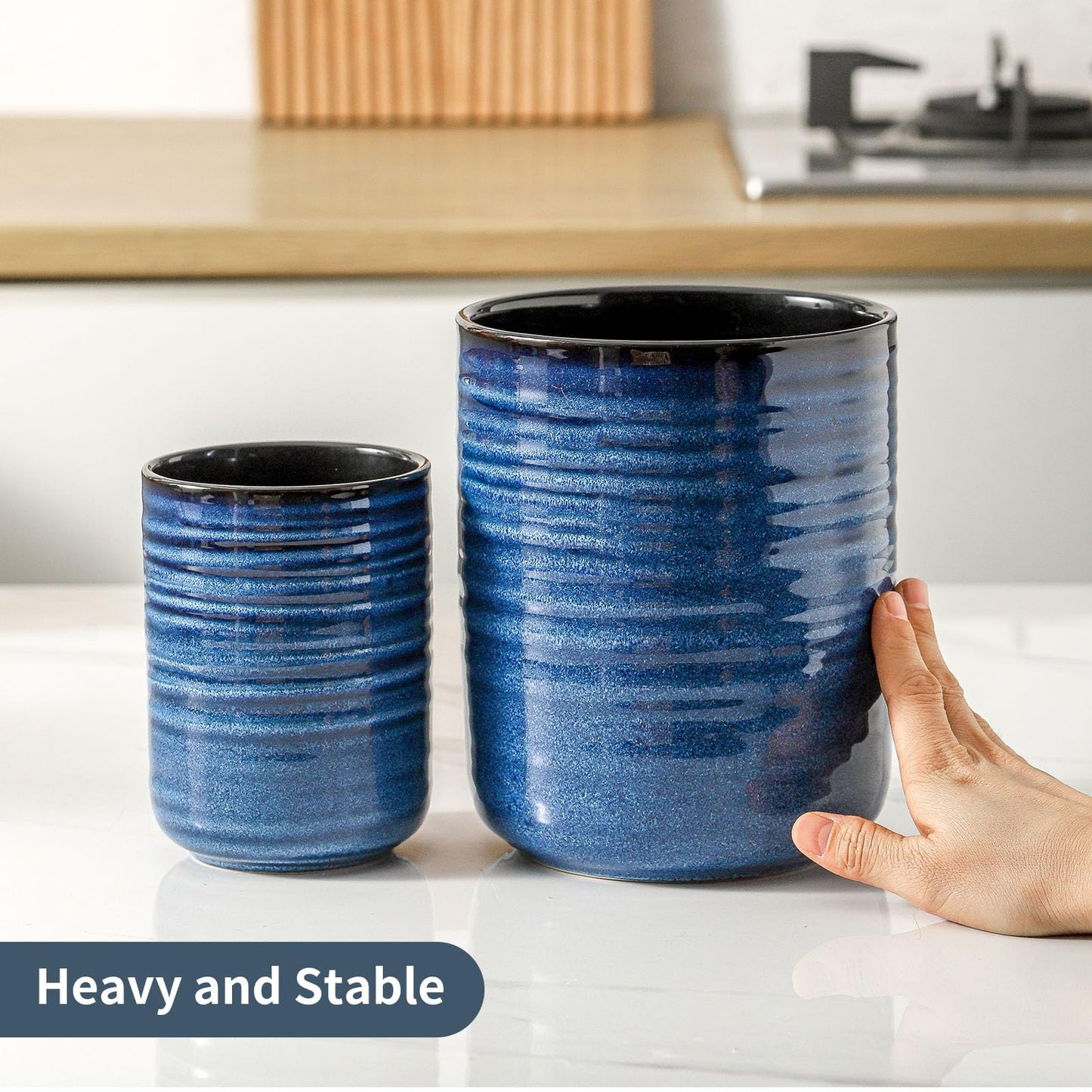 HASENSE Ceramic Kitchen Utensil Holder, 7.4" x 6.2" Large Countertop Utensil Crock, Stable Cooking Utensil Organizer for Spatulas, Spoons, Whisks & Tools, Modern Blue Kitchen Decor