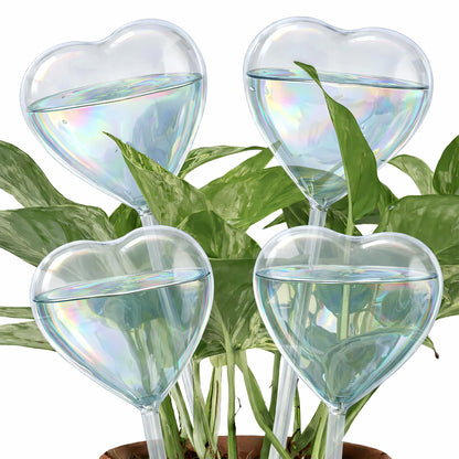 KH866 Heart Plant Water Globe, 4 Pcs Set Iridescent Glass Self Watering Bulbs, Heart Shaped Waterer Dripper for Indoor Plants, Outdoor Flowers, Planter Insert Garden Device for Pots