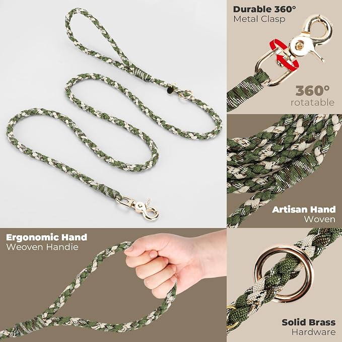 Tirevt Hand-Woven Dog Collar and Leash Set:Color-Block Design, Premium Reinforced Buckle, Adjustable Artisan Paracord for Puppies, Small, Medium & Large Dogs (Green, S)