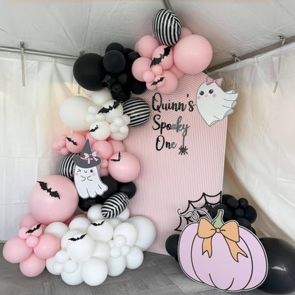 Pink Black White Halloween Balloon Garland Kit,118pcs Pastel Halloween Ghost Striped Foil Balloon Arch with 3D Bats for Girl Kawaii Spooky One Birthday Backdrop Baby Shower Birthday Party Decorations