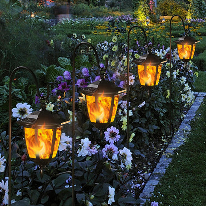 Dynaming 6 Pack Solar Flame Hanging Lights Outdoor, Halloween Solar Flickering Flame LED Garden Lanterns with 6 x 38 Inch Shepherd Hooks, Christmas Lighting for Lawn Patio Yard Pathway Driveway