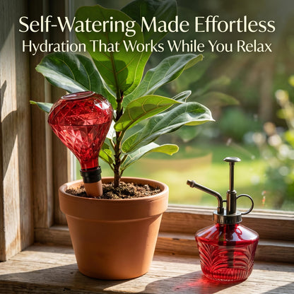 Glass Mini Watering Can Vintage Plant Mister Flower Water Spray Bottle and Faceted Glass Plant Watering Globe with Terracotta Spike,Red