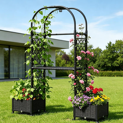 MQHUAYU 71"x16"x32" Planter Box with Trellis, 3-in-1 Self-Watering Planter Box with Wheels for Patio,Raised Garden Bed with Trellis, Drainage Holes & Metal Storage Rack for Vine Climbing Plants