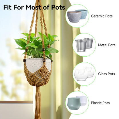 USLAI Macrame Plant Hanger Indoor Outdoor, Fits 3 to 6.5 inch Pots, Hanging Planter Holder with Beads and Tassels, Boho Home Decor, 35+35 Inch, Brown (POTS NOT Included)