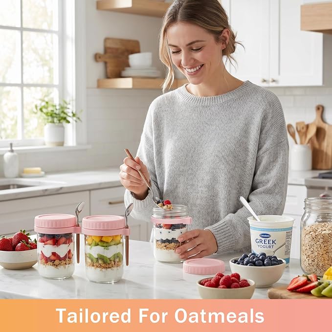 OcePor 6 Pack Overnight Oats Containers with Lids and Spoons, 16 OZ Glass Mason Overnight Oats Jars, Large Capacity Airtight Jars for Milk, Cereal, Fruit (Pink+Wooden-handled spoon)