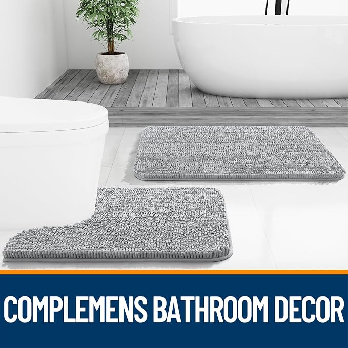 OLANLY Bathroom Runner Rugs 47x20, Soft Absorbent Chenille Bath Rugs, Rubber Backing Quick Dry, Machine Washable Long Bath Mats for Bathroom Floor, Tub and Shower, Home Decor Accessories, Light Grey
