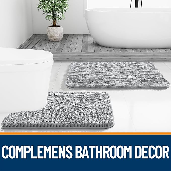 OLANLY Large Bathroom Rugs 50x30, Extra Soft Absorbent Chenille Bath Rugs, Rubber Backing Quick Dry, Machine Washable Bath Mats for Bathroom Floor, Tub and Shower, Home Decor Accessories, Light Grey