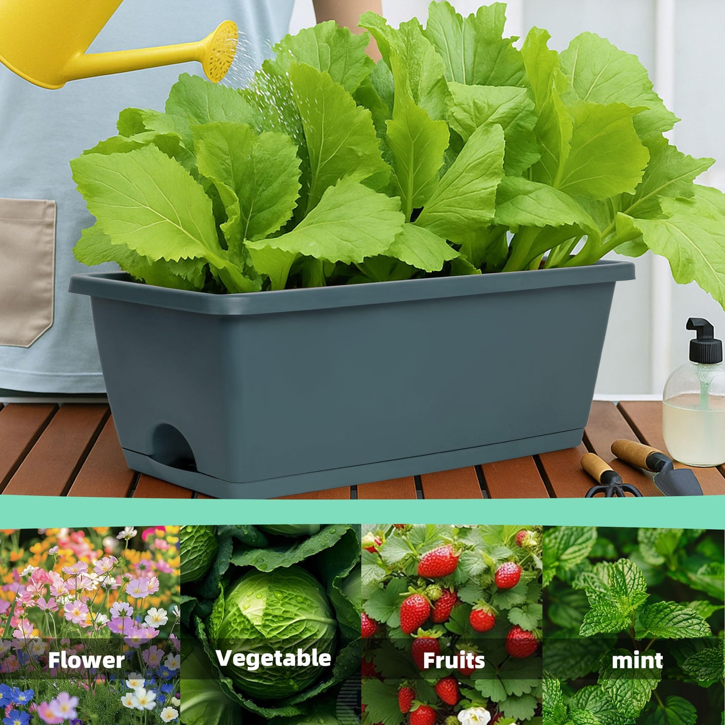 LOCONHA Window Box Planter, Plastic Vegetable Flower Planters Boxes 17 Inches Rectangular Flower Pots with Saucers for Indoor Outdoor Garden, Patio, Home Decor (12, Army Green)