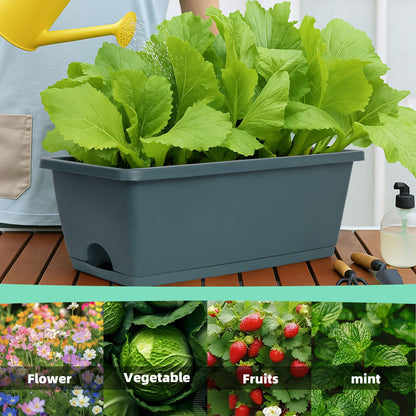 LOCONHA Window Box Planter, Plastic Vegetable Flower Planters Boxes 17 Inches Rectangular Flower Pots with Saucers for Indoor Outdoor Garden, Patio, Home Decor (12, Army Green)