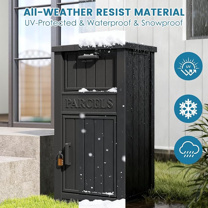 Package Delivery Box for Outside, Large Lockable & Weatherproof Anti-Theft Large Parcel Drop Box for Porch, Curbside, House Storage, Classic Black(60 Gallon)