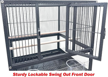 Elegant Sturdy Wrought Iron Bird Parrot Flight Cage Front Door Side Nesting Doors Acrylic Clear Bottom Prevent Food Spillage Storage Shelf Removable Rolling Stand Lockable Wheels