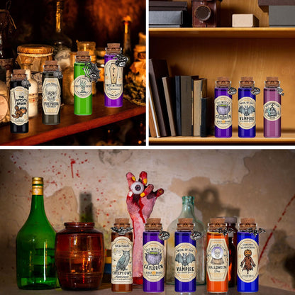 ZAUGONTW 91 Pcs Halloween Potion Bottle Set, 30 Potion Bottles with Cork Stoppers, Stickers, 30 Charms Pendants and 1 Piece String for Halloween Tiered Tray Decorations, Indoor Party Supplies