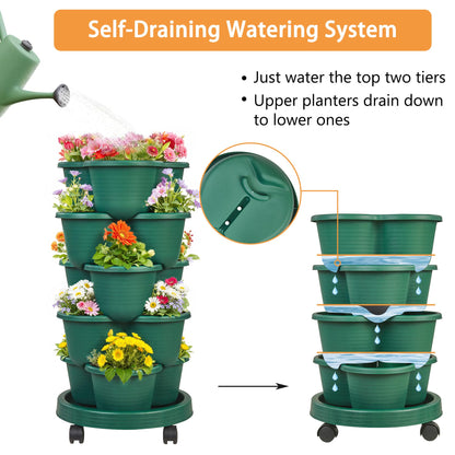 VECELO 5 Tier Vertical Garden Planter, Self Watering Stackable Planters with Wheels for Strawberries, Herbs, Flowers, Vegetables, Dark Green