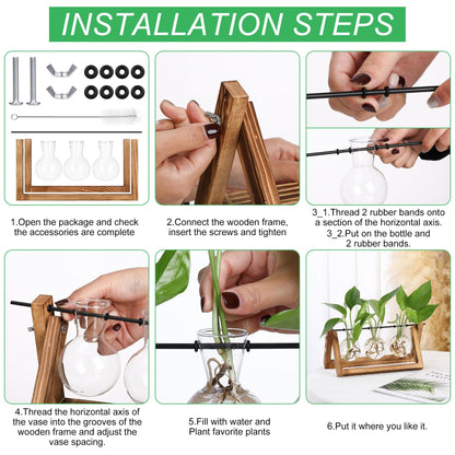 YIBOT Plants Propagation Stations,Desk Plant Terrarium with Retro Wooden Stand,Plant Lover Gifts for Women for Hydroponics Plants Home Garden Wedding Decor(3 Bulb Vase)