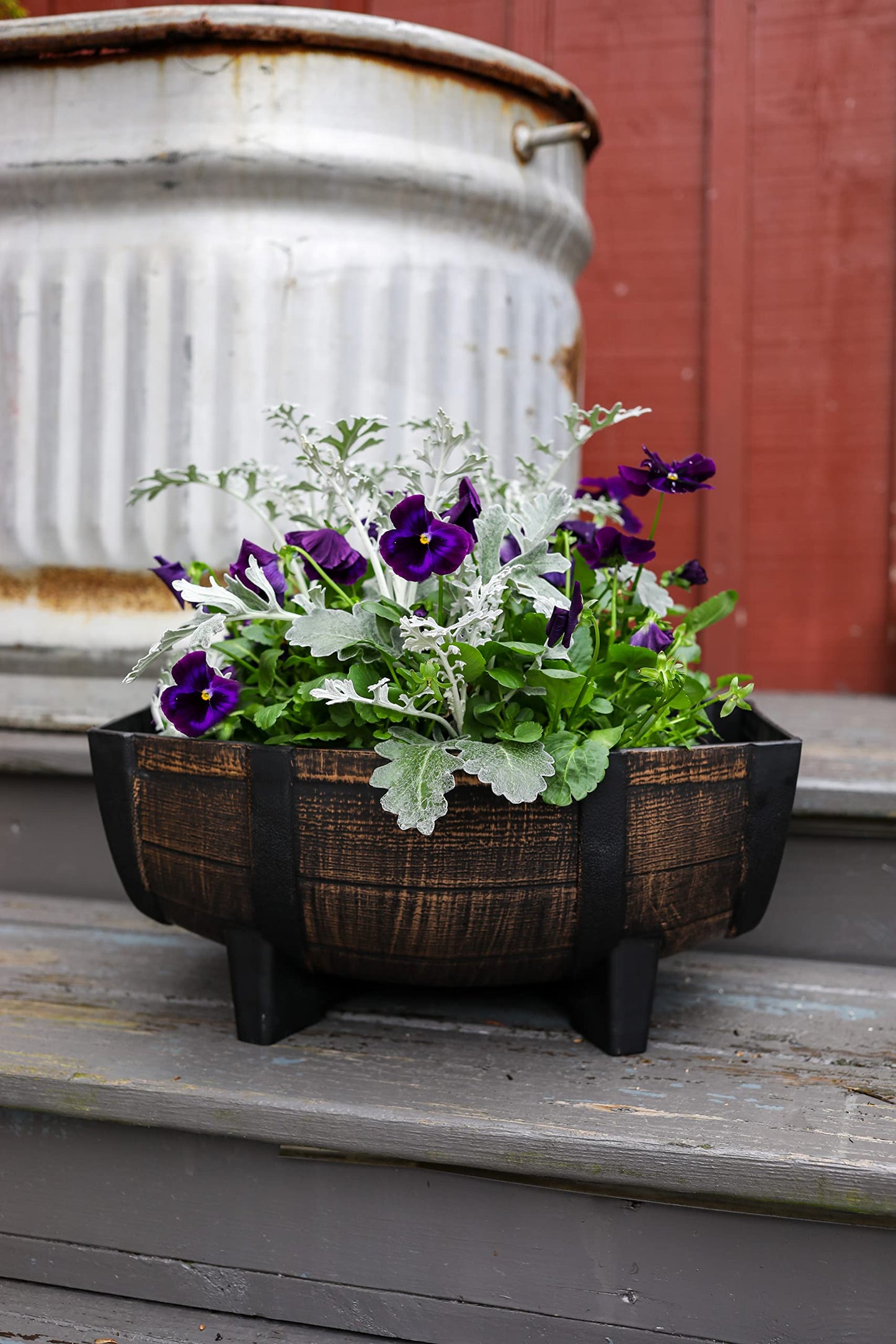 The HC Companies Whiskey Barrel Planter Bowl - Faux Wooden Finish Flower Planter Pot - Decorative Garden Pots - Indoor & Outdoor Resin Planters - Weather-Resistant Planting Pots (16" Golden Oak)
