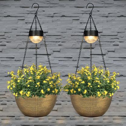 BAYN 2 Packs Solar Hanging Basket Planters for Plants Outdoor, Self Watering Copper Flower Plants Pots with Solar Light Drainer for Balcony Patio Garden Outdoor Decoration