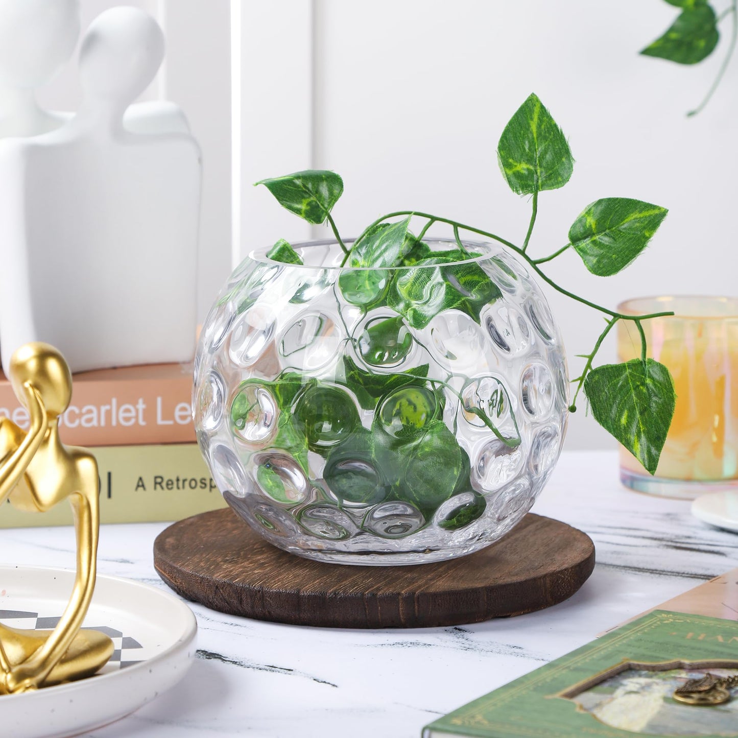 6.3" Dia Handmade Sturdy Dimpled Bubble Glass Vases, Bubble Planter Terrarium, Bud Vase, Fish Bowl Hurricane, Globe Flower Vase, Hurricane Candle Holder (6.3"x5.1", Bowl)