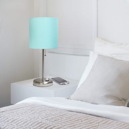 Simple Designs LT2044-AQU-LB Brushed Steel Stick Table Desk Lamp with USB Charging Port and Drum Fabric Shade for Living Room, Hallway, Nightstand, Office, Aqua Shade, with Feit LED Bulb Included