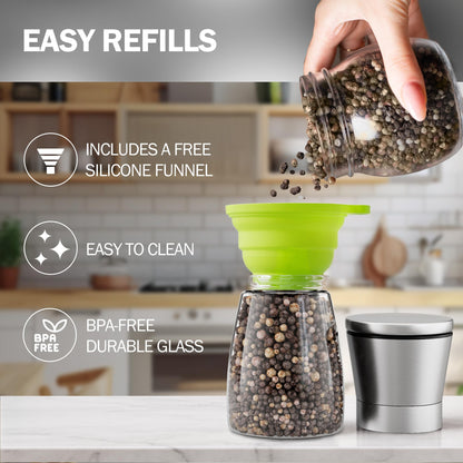 Home EC Original Stainless Steel Sea Salt and Pepper Grinder Set of 4 - Adjustable Ceramic - Glass Salt and Pepper Shakers Mills - Modern Kitchen Spice Mill W/Funnel & EBook