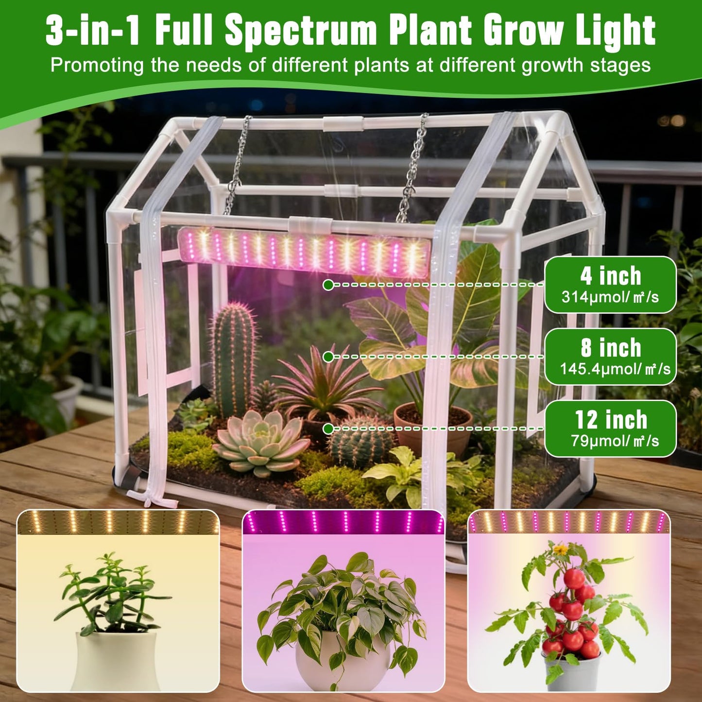 Mini Greenhouse with Grow Light for Indoor, PVC Planting Tent with Waterproof Mat & Zipper Door,15W Full-Spectrum LED Plant Grow Light and Timer for Seed Starter Tray for Indoor and Outdoor Plants
