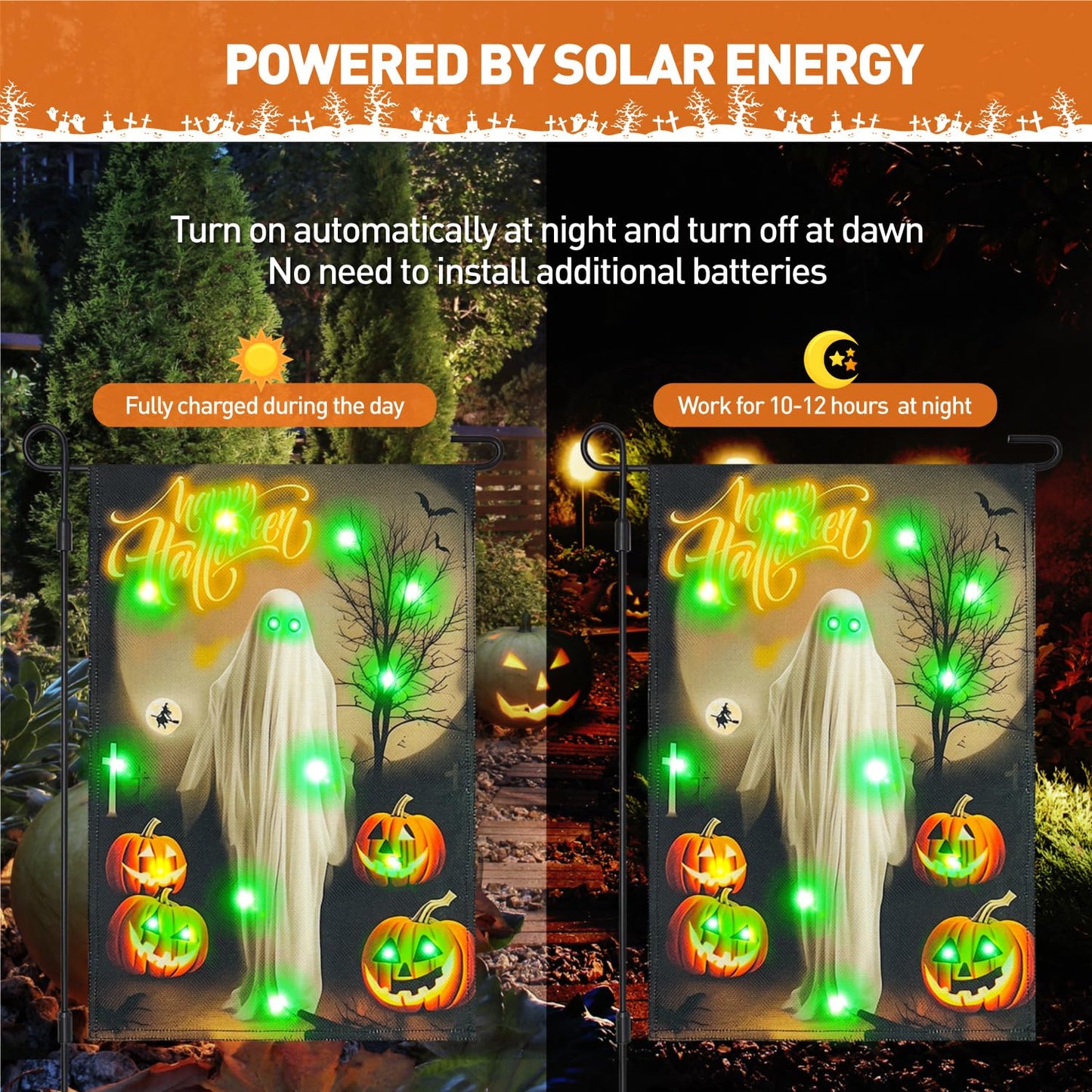 Vigor Home Solar Happy Halloween Lighted Garden Flag Double Sided 12×18 Inch, 8 Modes Led Small Vertical Ghost Pumpkins Spooky Night Yard Flags for Outside Front Porch Lawn Outdoor Decor