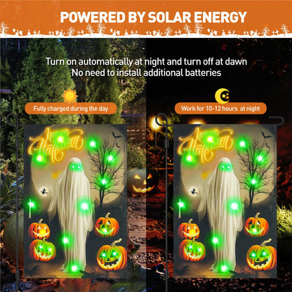 Vigor Home Solar Happy Halloween Lighted Garden Flag Double Sided 12×18 Inch, 8 Modes Led Small Vertical Ghost Pumpkins Spooky Night Yard Flags for Outside Front Porch Lawn Outdoor Decor