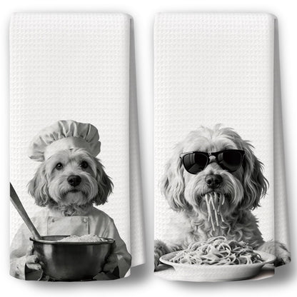 BCUANGD Dog Kitchen Towels Decor Set of 2 - Funny Lowchen Hand Tea Towels, Retro Black Puppy Dog Owner Gifts for Women Men Dish Towel Dishcloths Decorations for Home Kitchen, 16"x24"